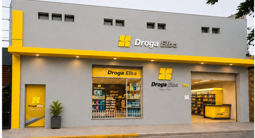 Fachada da farmácia Droga Elba em amarelo e cinza, no Jardim Elba, São Paulo
